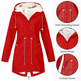 Women's Jackets Plus Size Hooded Windproof Women Solid Color Plush Thicken Jacket Outdoor Raincoat Casual Anorak Drawstring Hoodie