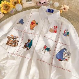 Women's Blouses Cartoon Animal Embroidery White Women Shirt Long Sleeve Cute Japanese Fashion Autumn Loose Casual Button Up Tops Mujer