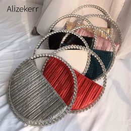 Evening Bags Rhinestone Circular Handle Evening Bag Women Elegant Designer Diamonds Round Red Clutch Purse Ladies Chic Handbag Party 231026