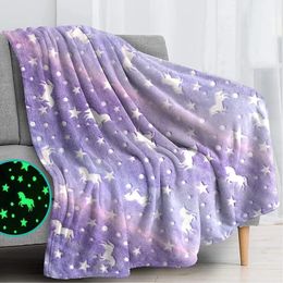 Blankets Glow in The Dark Throw Blanket Luminous Unicorns Dinasour Mermaid Christmas Gifts for Boys Girls Fleece Thin 231113