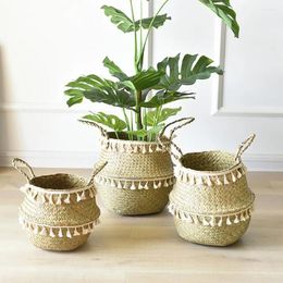 Storage Baskets Basket Handmade White Tassel Grass Plant Flower Pot For Home