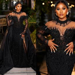 Plus Size Aso Ebi Mermaid Prom Dresses Long Tulle Sleeves African Black Girls Glitter Sequin Lace Crystal Tulle Ruffles Bead Evening Party Gowns Robe De Bal Party