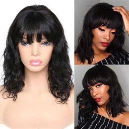 Hair Wigs Wavy Bob Human with Bangs Fringe for Women Brazilian Remy Glueless Full Machine Made Body Wave 230413