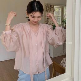 Women's Blouses Women's Long-Sleeved Shirt Korean Fashion Frenum Single Breasted Solid Slim Thin V-Neck T-Shirt Design Cufflinks Female