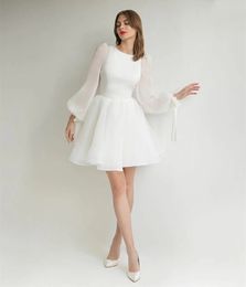 2024 Elegant Short Organza Wedding Dress O-neck Puffy Sleeves A-Line Knee Length Bridal Party Gowns With Bow Robe de soiree for Women Chic