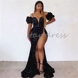 Luxe Black Sequin African Evening Dress 2024 Plus Size Mermaid Prom Dress For Black Girls High Split Formal Occasion Dance Gown Short Sleeve Ogstuff Vestidos De Gala
