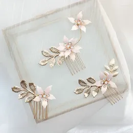 Hair Clips Delicate Pink Enamel Flowers Bridal Combs Handmade Gold Color Leaf Women Wedding Headpiece Opal Crystal Earring Jewelry