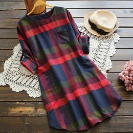 Casual Dresses Women Ladies Plaid Long Sleeve Loose Pocket Swing Vintage Dress