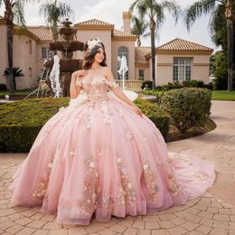 Pink Sweetheart Quinceanera Dresses Ball Gown For Sweet Girls Applique 3Dflowers Vestidos De XV Anos Beads Birthday Prom Dress