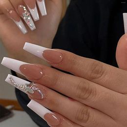 False Nails 24pcs/box White French Fake Press On Long Xl Length Rhinestone Design Full Cover Acrylic Nail Tips