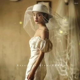 Berets Fashion White Wedding Hat With Long Veil Elegant Large Flat Fedora Face Fascinator Headwear Party Formal