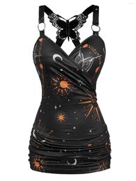 Women's Tanks Celestial Sun Moon Star Print Tank Top Women Summer Vest Butterfly Lace Insert Ruched Surplice O Ring Strap Caimsole