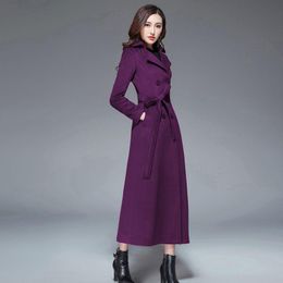 Women's Wool & Blends Women Autumn Winter Purple Long Coat Belt Double Breasted Silm Woollen Warm Overcoat England Style Female Trench Outerw