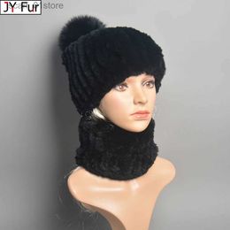 Hats Scarves Sets New Women Winter Real Rex Rabbit Fur Hat Scarf Sets Natural Rabbit Fur C Scarves 2 Pieces La Warm Rex Rabbit Fur Hat fflerL231113