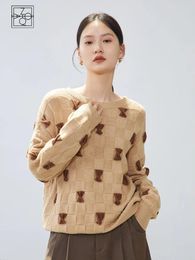 Women's Sweaters ZIQIAO Women Bow Knot Design Light Brown Loose Sweater 30.3% Wool Pullovers Korean Style Round Neck Sweet Pullover