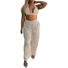 Women's Two Piece Pants Ladies Casual Summer Outfits Set Solid Colour Haning Neck Backless Crop Tops Elastic High Waist Loose Beach