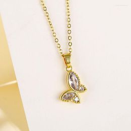 Chains ANENJERY 316L Stainless Steel Zircon Butterfly Necklace Ladies Simple Gold Colour Clavicle Chain Acero Inoxidable Joyeria