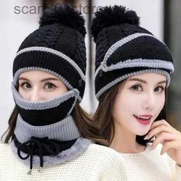 Hats Scarves Sets Winter Cashmere Balaclava With Bear Ear Hat Scarf Gs Set 3 In 1 Women Cute Beanies Cs Hood Warm Thick Plush Solid ColorL231113