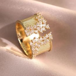 Wedding Rings 2023 Fashion Gold Colour Wide Women's Finger Ring With CZ Zirconia Female Girl Daily Wear Party Dating Jewellery Gift