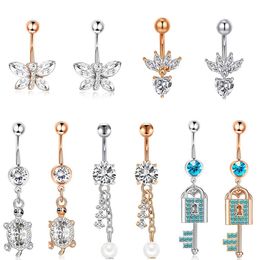 Navel Bell Button Rings for Body Stainless Steel Women Dangle Piercing Belly Crystal Rings Butterfly Flower Lock Key Gold Silver Colour