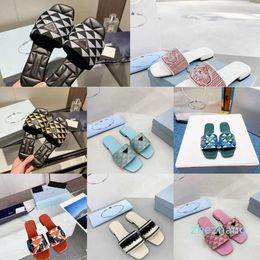 Designer Slippers Quilted Fabric jacquard Slipper Embroidery Women Slippers Summer Beach Sandals Flat Slides Letter Leather Shoes Lady Slider Flip Flo