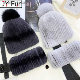 Hats Scarves Sets New Good Elastic Girls Natural Fur Scarves Hats Sets Winter Women Warm Real Rex Rabbit Fur Scarf Hat Set Knitted Fur ffler CL231113