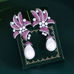 Luxury Imitation Pearl Earrings Designer Jewellery for Woman Purple Red Zirconia Copper Womens Party Valentines Day Long Diamond Earring Dangle Women Indian Unique