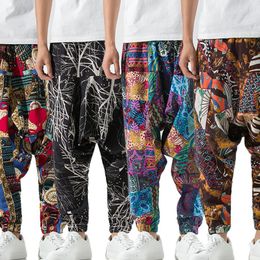 Men's Pants Yoga Casual Hip Hop Trousers Linen Loose Long Distinctive Low Crotch Cross-pants National Wind Flower Breathable PantMen's