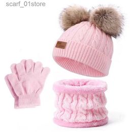 Hats Scarves Sets Double Pom-Pom Ball Twisted Knit Hat Scarf Gs Set for Kids Winter Cute Children Boys Girls Beanie Hats Kniited Necker WarmerL231113