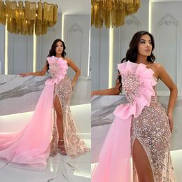 Pink Beaded Prom Arabic Pearls Beading High Split Evening Custom Made For Women Celebrity Dresses Robe Soire