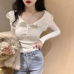 Women's T Shirts Autumn Lace Spliced Polo Collar Long Sleeve White T-shirt Women Top Temperament Spicy Girls Slim Fit Underlay Short Sexy