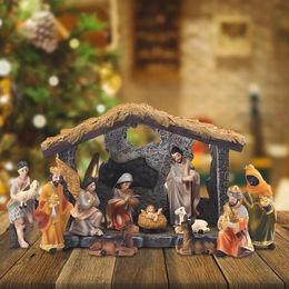 Decorative Objects Figurines 12 in 1 Christmas Manger Nativity Set Real Life Nativity Jesus Manger Christmas Crib Ornament Holy Family Crafts Statue Decor 231113