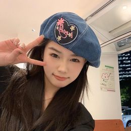 Berets 2023 Sweet Denim Beret Hats For Women Spring And Summer Thin Japanese Cute Sticker Painter Cap Korean Version Fashion