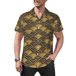 Men's Casual Shirts Japanese Wave Beach Shirt Gold Seigaiha Hawaiian Men Fashion Blouses Short Sleeve Pattern Clothing Big Size