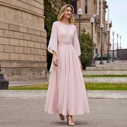 2024 Moden Pink Mother of the Bride Dress Jewel Neck 3/4 Sleeves Lace Appliques A-Line Ankle-Length Chiffon Wedding Party Gowns Robe De Soriee