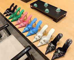 Hot Seller Women Slipper Top High Quality Famous Brand Sexy Pointed Toe Stilettos Heels Vintage Metal Buckle Fashion Rivet Buckle Strap Female Single Shoes Big Size