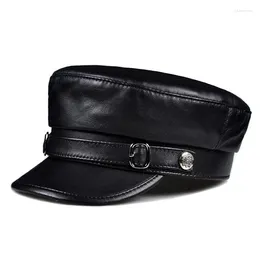 Berets Wholesale 2023 Brand Military Hat Sailor Men Women Black Genuine Sheep Leather Winter Baker Caps Belt Top Quality Captain