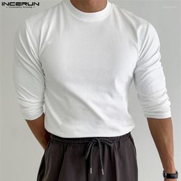 Men's T Shirts INCERUN Tops 2023 Korean Style Mens Elastic Fit T-shirts Casual Solid Well Fitting Comfortable O-Neck Long Sleeve Camiseta