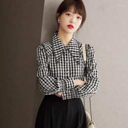 Women's Blouses Black And White Plaid Pointed Collar Long Sleeve Women Shirt Button Blouse Spring Autumn Elegant Fashion Loose Tops Lady