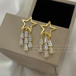 S925 Silver Needle East Gate French micro -mosaic vermiculite pentagram long earrings long earrings light extravagant ear decoration