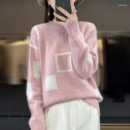 Women's Sweaters Tailor Sheep Wool O-neck Sweater Color Matching Knit Full Sleeve Trend Loose Fitting Pullover