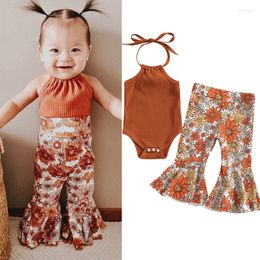 Clothing Sets FOCUSNORM 0-18M Infant Baby Girl 2Pcs Clothes Sleeveless Halter Ribbed Romper Sunflower Printed Flare Pants Set