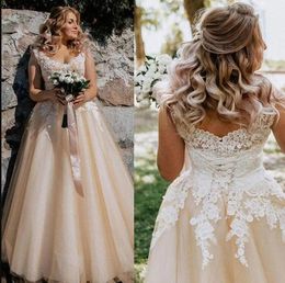 2023 Country Garden Champagne A Line Wedding Dress Lace Up Back V Neck Lace Appliques Bridal Gowns Plus Size vestido de novia