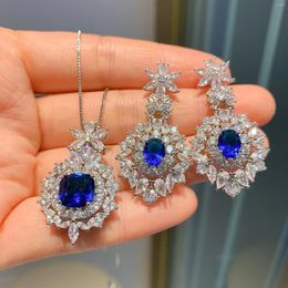 Necklace Earrings Set Retro Tanzanite Sapphire Luxury Pendant Jewellery Water Droplets Flower Women High Quality Dress Accessory