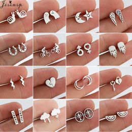 Stud Mini Stainless Steel Earrings Girls Minimalist Jewelry Punk Black Heart Snail Moon Skull Stud Earring Korean Wings Studs Brincos P230411