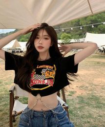 Women's T Shirts Summer Spicy Girls' Versatile Ins Fashion T-shirt Women's Design Sense Chain Short Open Umbilical Black Sleeve Top