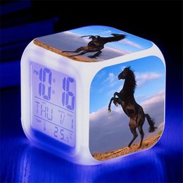 Other Toys Animals Horse Digital Clocks Color Changing Despertador White Horses Led Alarm Action Figure Light Up Doll Kids Gift 231113