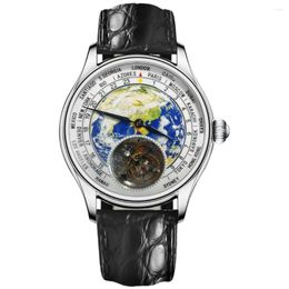 Wristwatches Top Luxury 3D Enamel Earth Men Tourbillon Mechanical Watches Hand Wind ST8000 Men's Sapphire Roasted Blue Needles