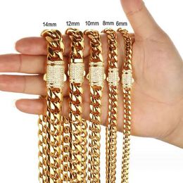 Mens 18K Gold Tone 316L Stainless Steel Cuban Link Chain Necklace Curb Cuban Link with Diamonds Clasp Lock 6mm/8mm/10mm/12mm/14mm