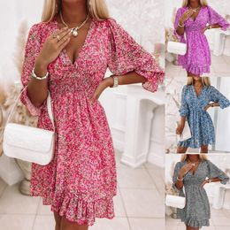 Casual Dresses Women Spring Summer Skirt Fashion Half Sleeve V-Neck Mini Dress Ladies Casual Floral Printed Elegant Pullover Beach Party Dress 230413